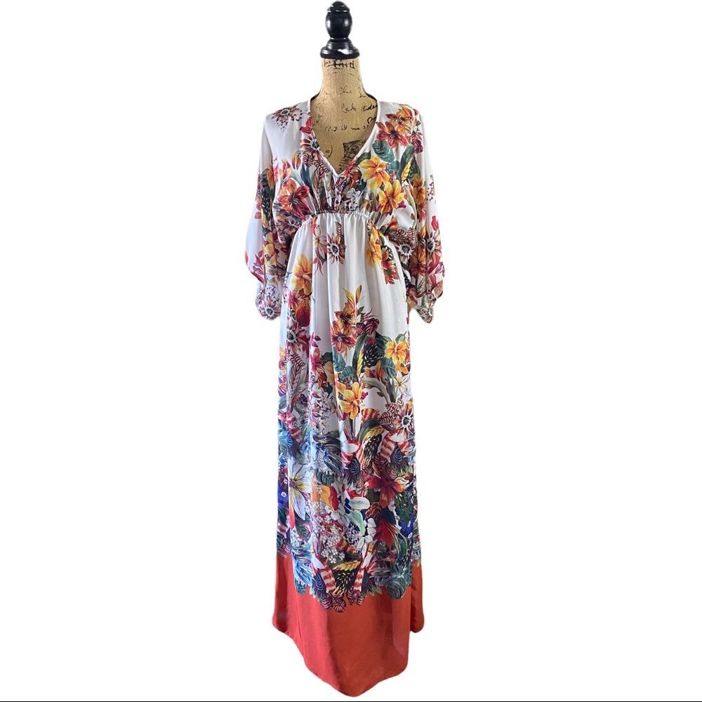ZARA Kimono Floral Maxi Dress Boho Festival Vacation‎ Beachwear Size Small